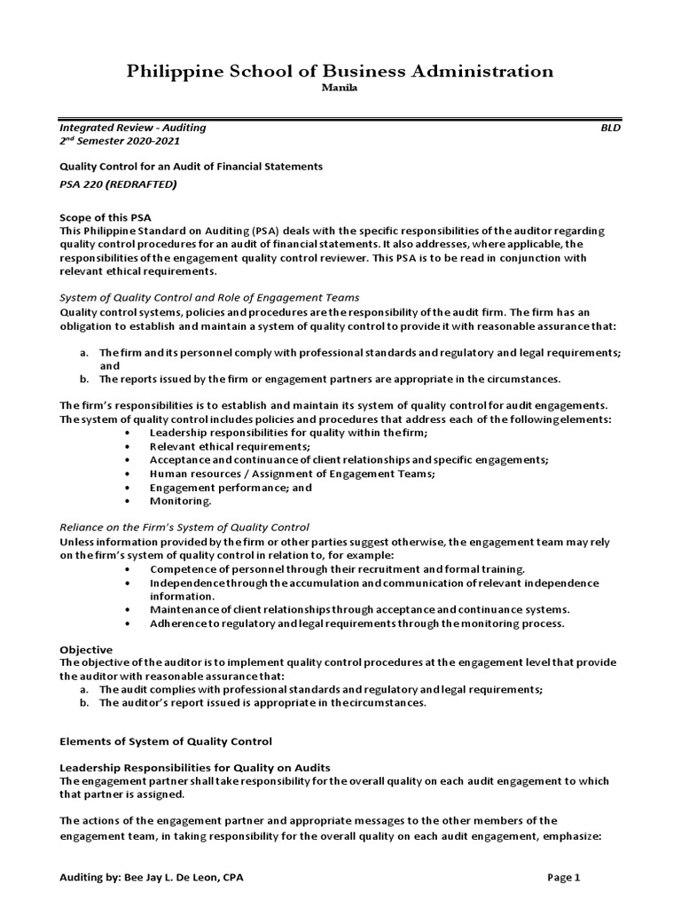 Psba gaas and system of quality control pdf financial audit