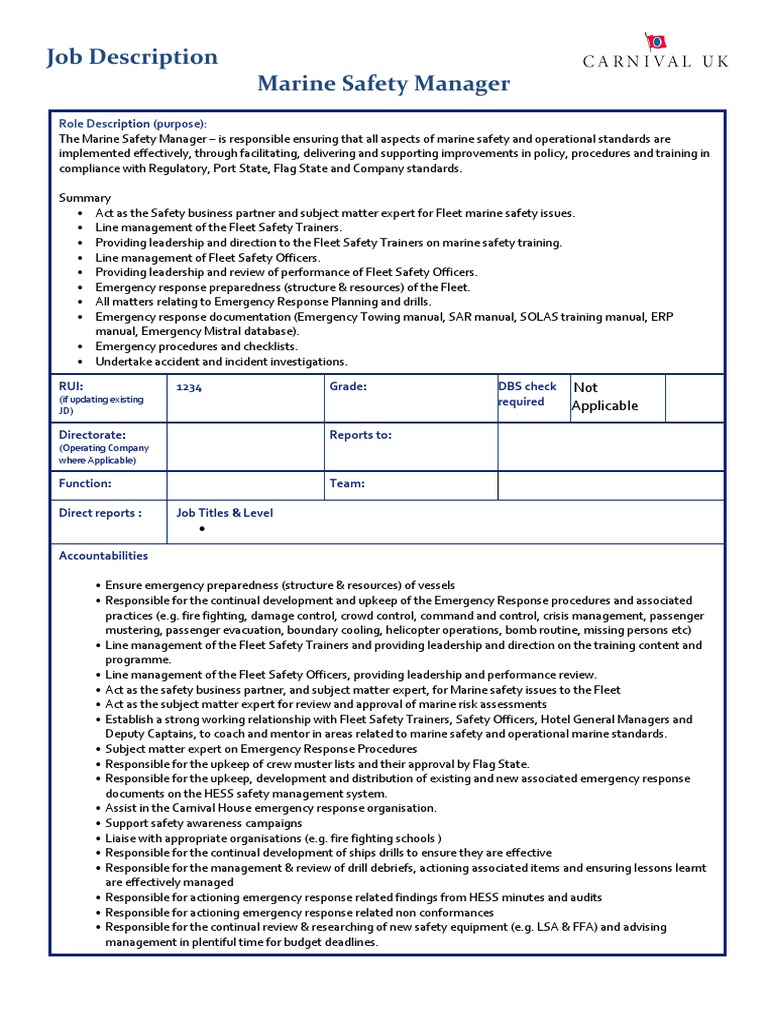 Marine Safety Manager Job Description PDF Risk Assessment Occupational Safety And Health