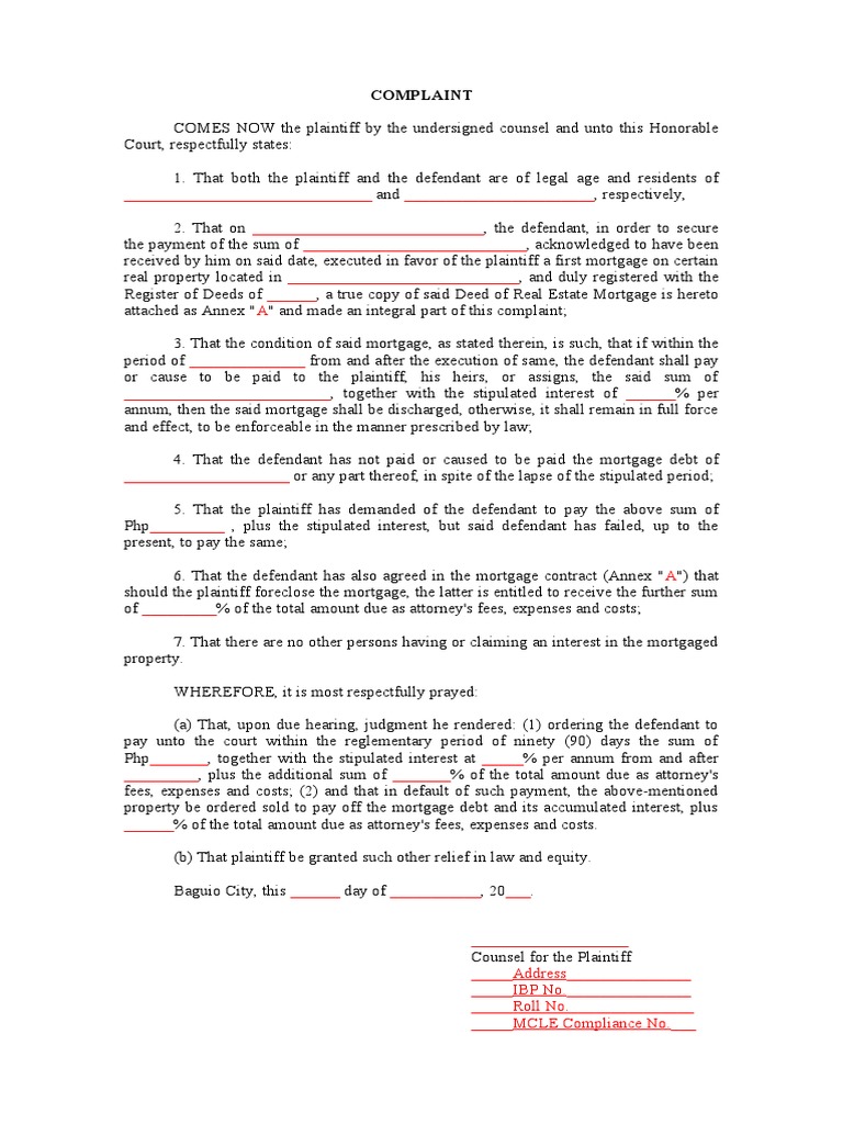 Complaint for Mortgage Foreclosure | PDF | Mortgage Law | Foreclosure