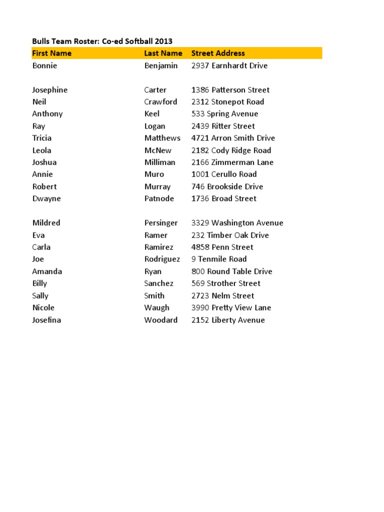 Bulls Co-ed Softball Roster 2013 | PDF