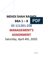 MEHDI SHAH RASHDI BBA 1 – B 02-111201-258 MANAGEMENT’S ASSIGNMENT