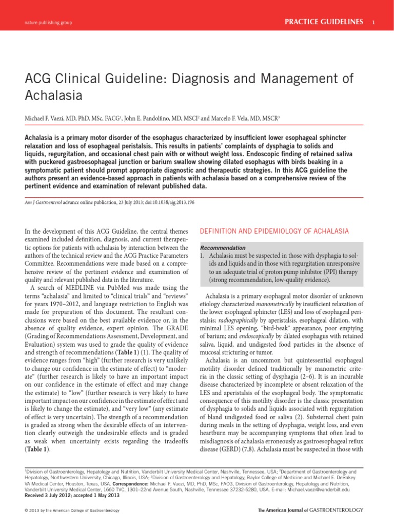 ACG Clinical Guideline: Diagnosis and Management of Achalasia | PDF ...