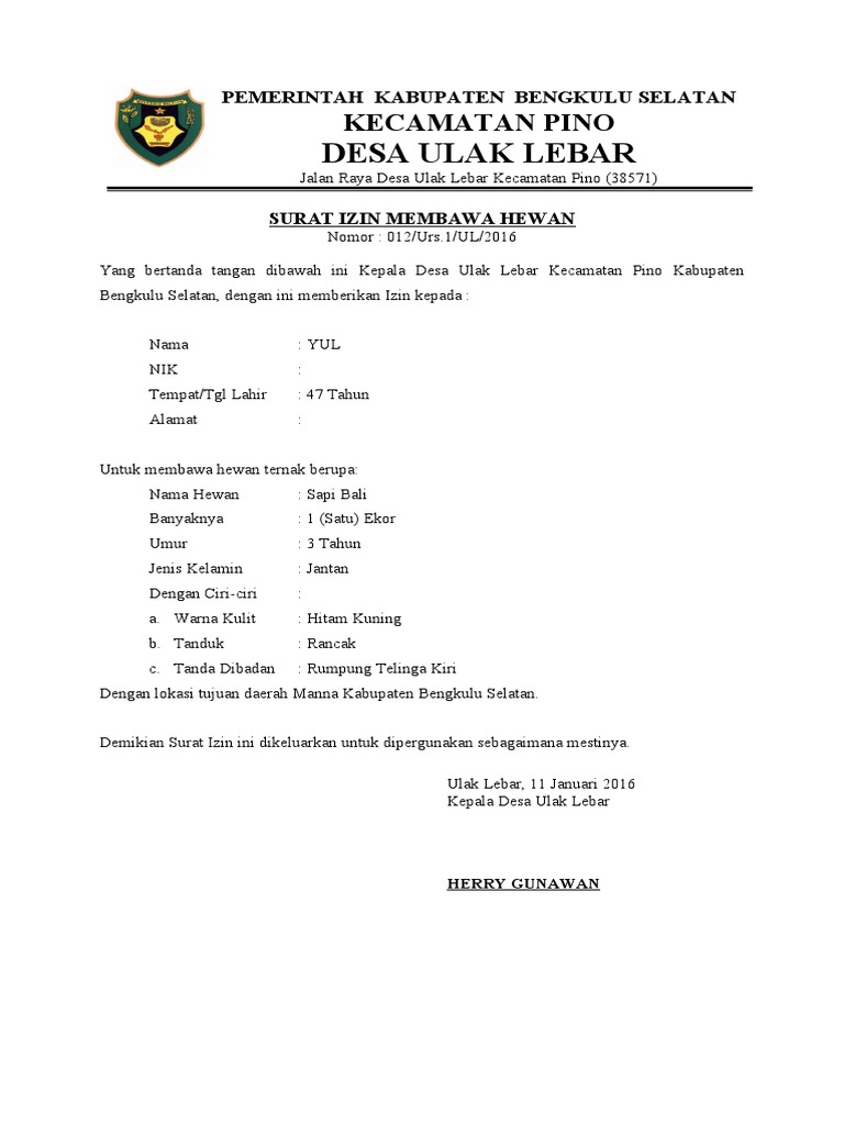 Surat Izin Membawa Hewan | PDF