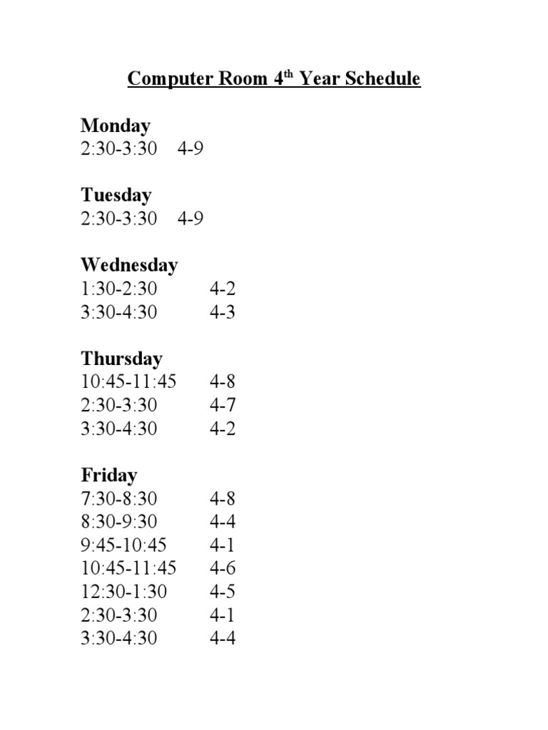 Computer Room 4th Year Schedule | PDF | Sports