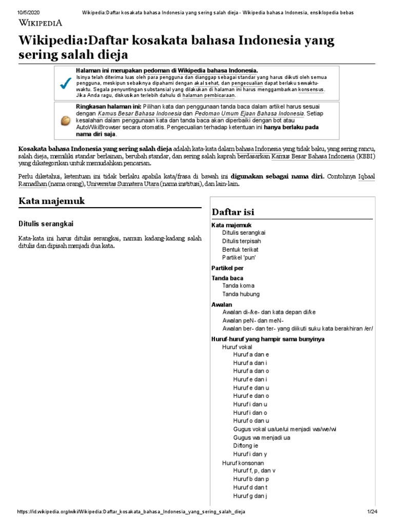 Wikipedia Daftar Kosakata Bahasa Indonesia Yang Sering Salah Dieja Wikipedia Bahasa Indonesia Ensiklopedia Bebas Pdf