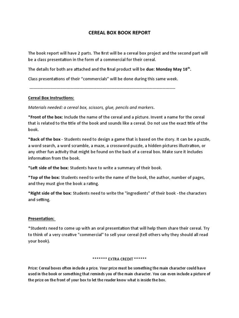 Cereal Box Book Report Guidelines | PDF