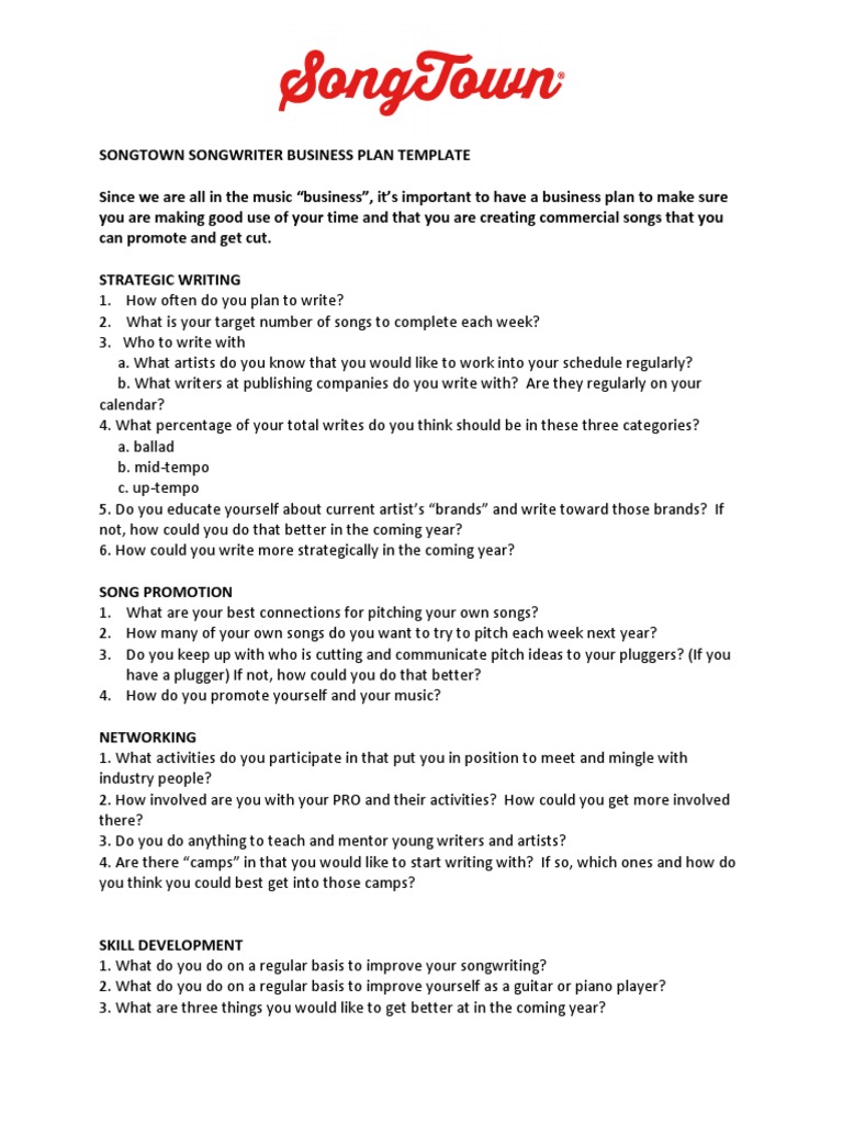 Songwriter Business Plan Template | PDF | Career & Growth