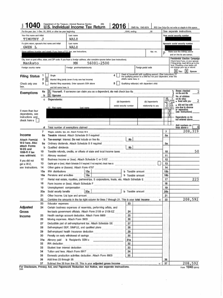 Gov. Walz 2016 Tax Return - Redacted | PDF