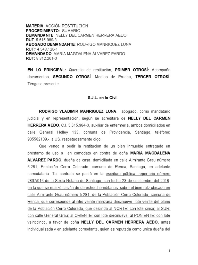 Acción de Restitución de Inmueble Comodato | PDF | Ley común ...