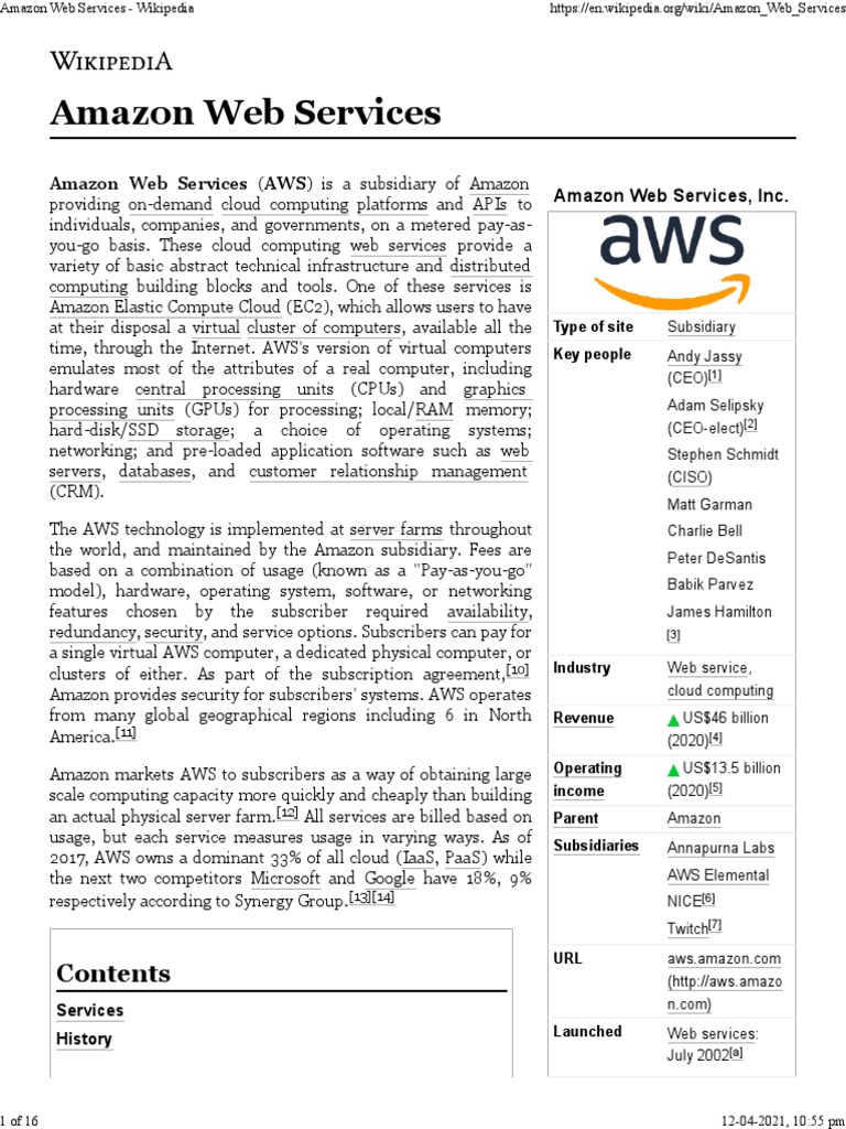 Amazon Web Services - Wikipedia | PDF | Amazon Web Services | Computer  Architecture