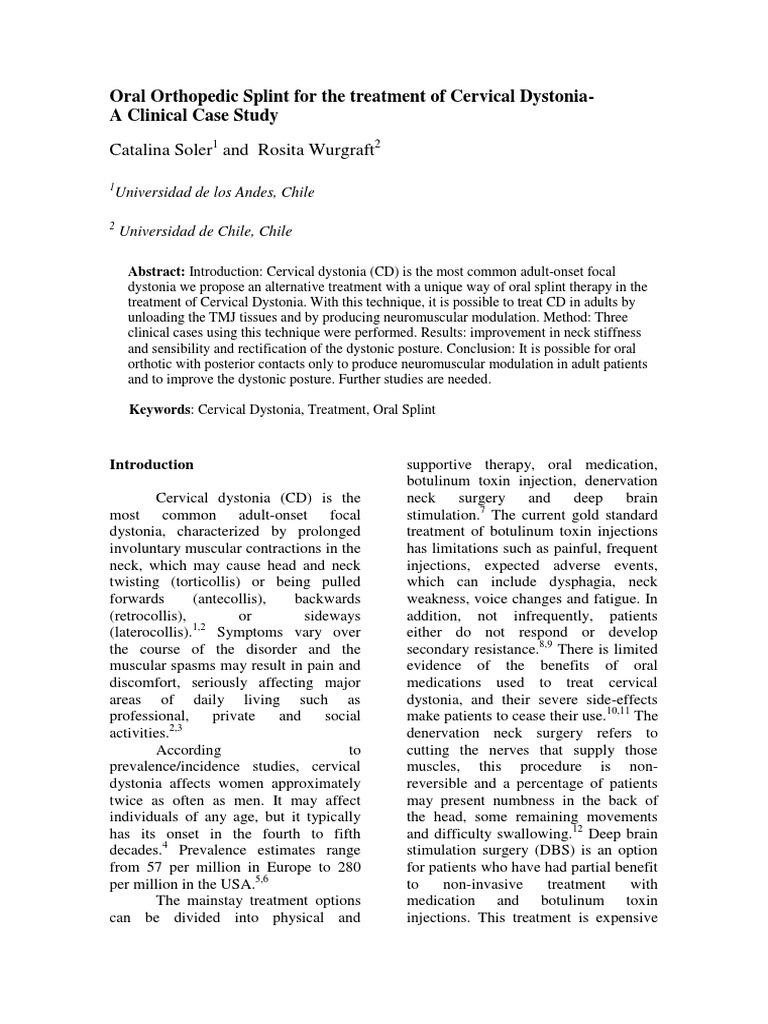 Oral Orthopedic Splint For The Treatment of Cervical Dystonia Dystonia Medical Specialties