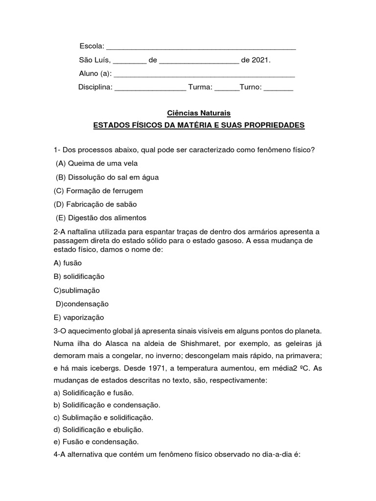 Estados Físicos da Matéria: Exercícios 9º Ano | PDF | Congelamento ...