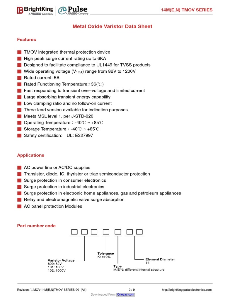 Metal Oxide Varistor Data Sheet Provides Technical Specifications and