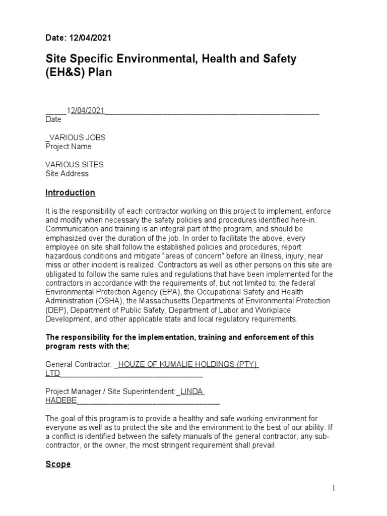 Site Specific EH&S Plan Guide | PDF | Hazardous Waste | Occupational ...