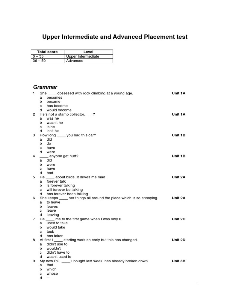 Upper Intermediate and Advanced Placement Test | PDF
