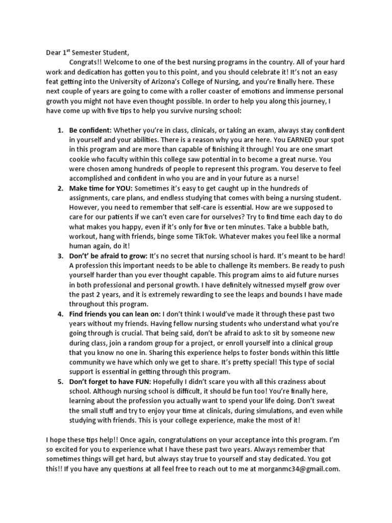 Letter To 1st Semester Student | PDF | Nursing