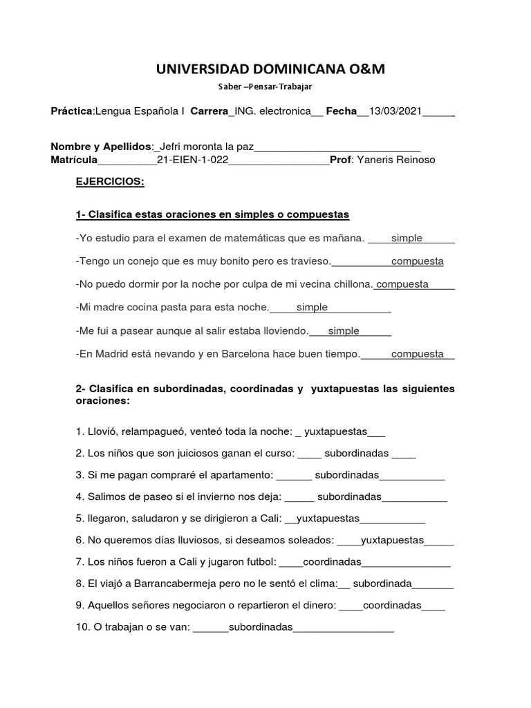 Hoja De Trabajo De Oraciones Simples Y Compuestas De Cuarto Grado