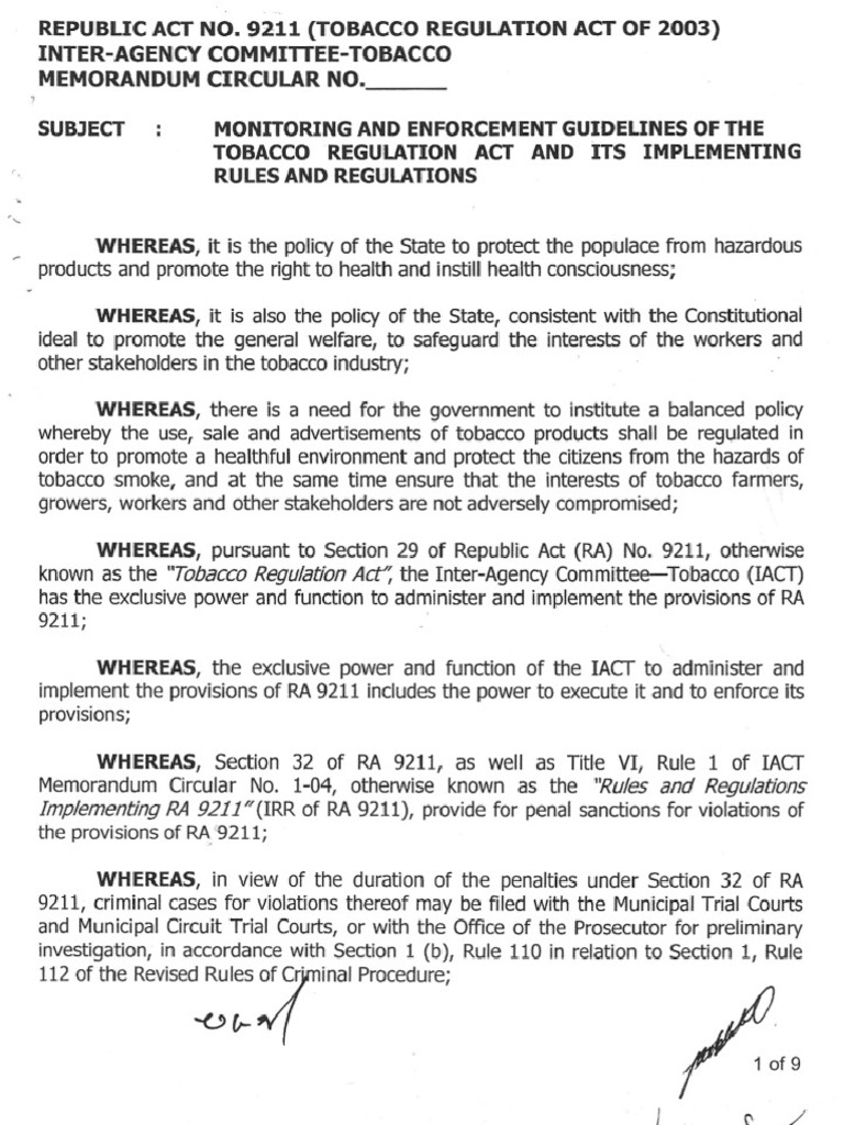 policy of tobacco regulation act RA 9211 Tobacco Regulation Guidelines