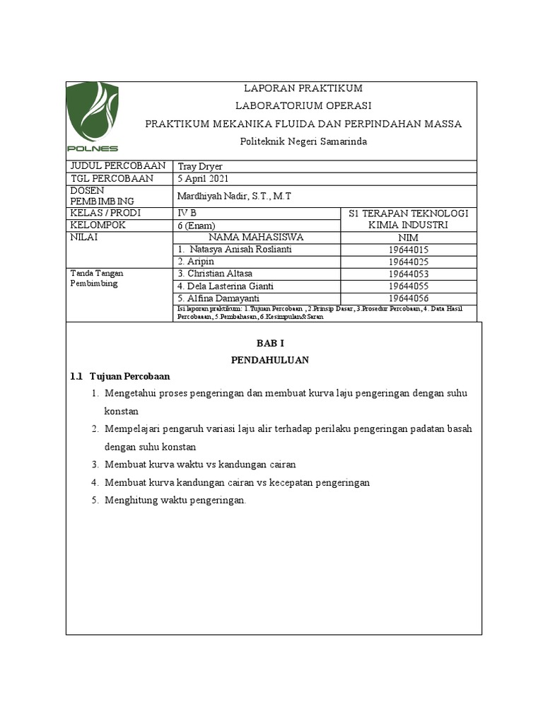 Laporan Tray Dryer PDF