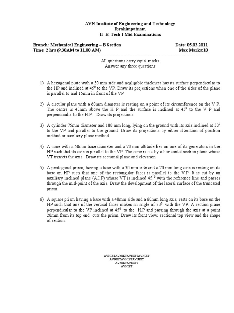 II Mid Engineering Drawing Question Papers Download Free PDF Space