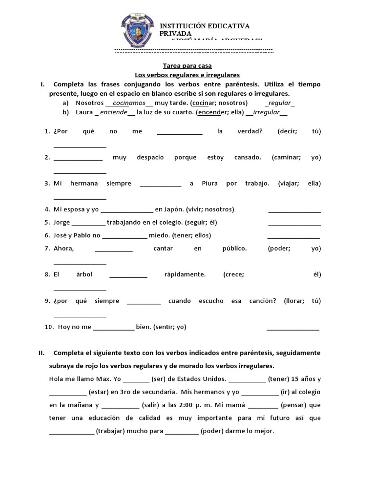Ejercicios de verbos regulares e irregulares | PDF