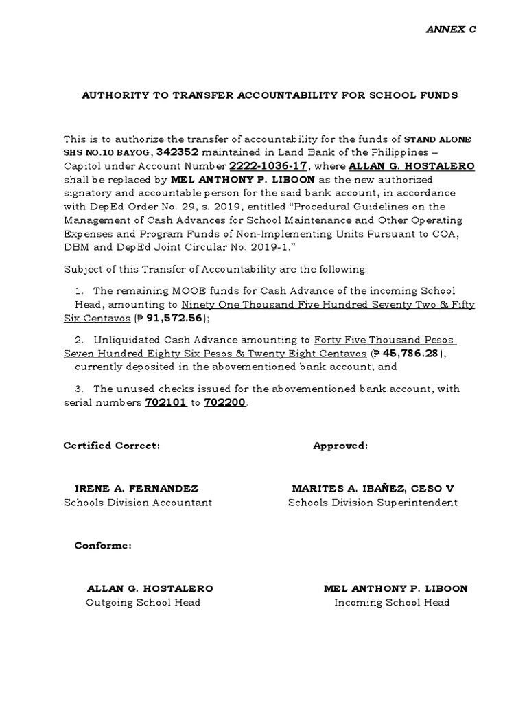 Authority To Transfer Accountability For School Funds: Stand Alone Shs ...