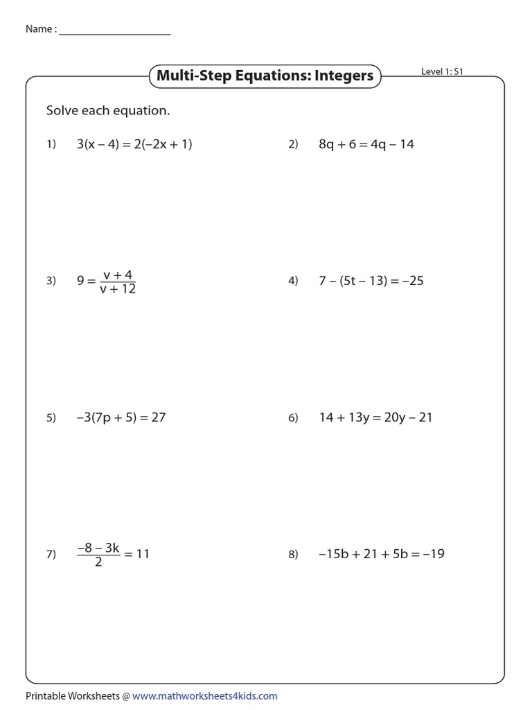 Multi-Step Equations: Integers: Solve Each Equation | PDF