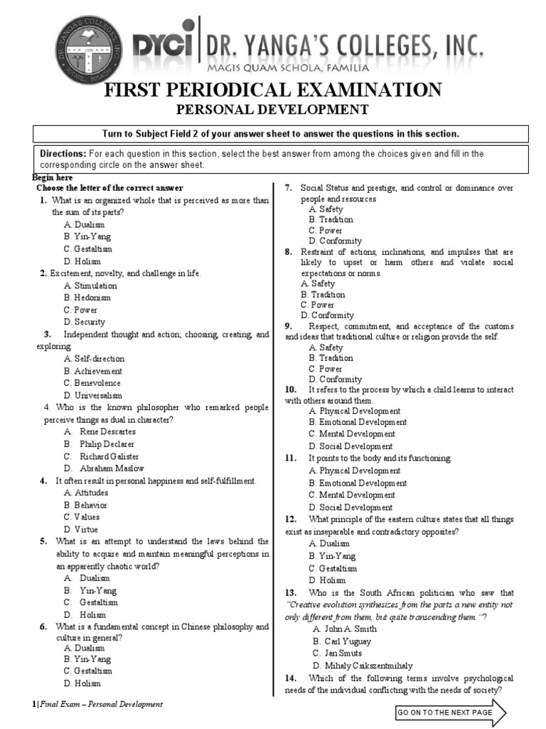 Personal Development Exam Questions | PDF | Self Concept | Adolescence