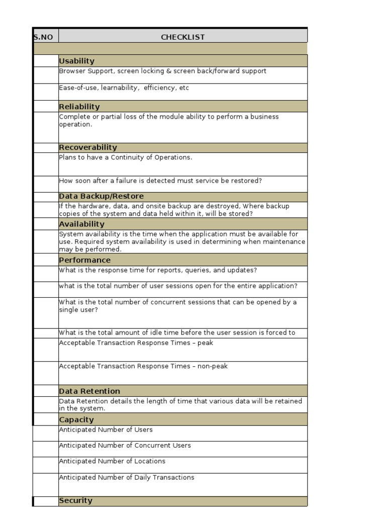 NFR Checklist for Application Performance | PDF | Usability | Backup