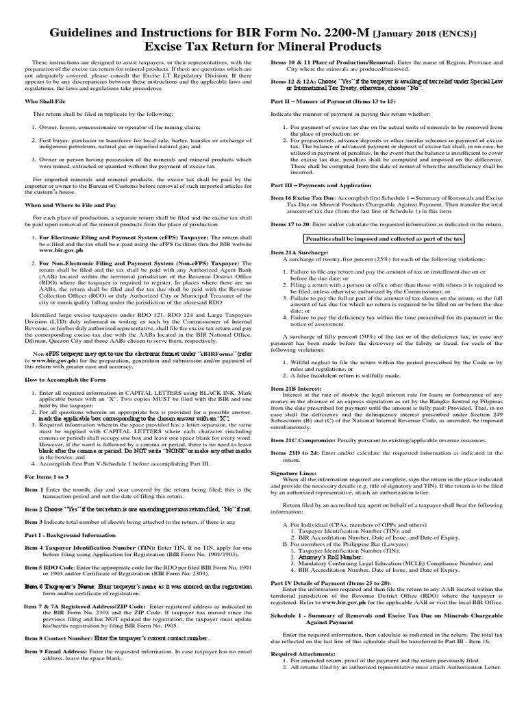 Guidelines and Instructions For BIR Form No. 2200M Excise Tax Return