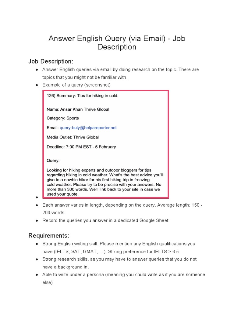 Answer English Query (Via Email) - Job Description | PDF