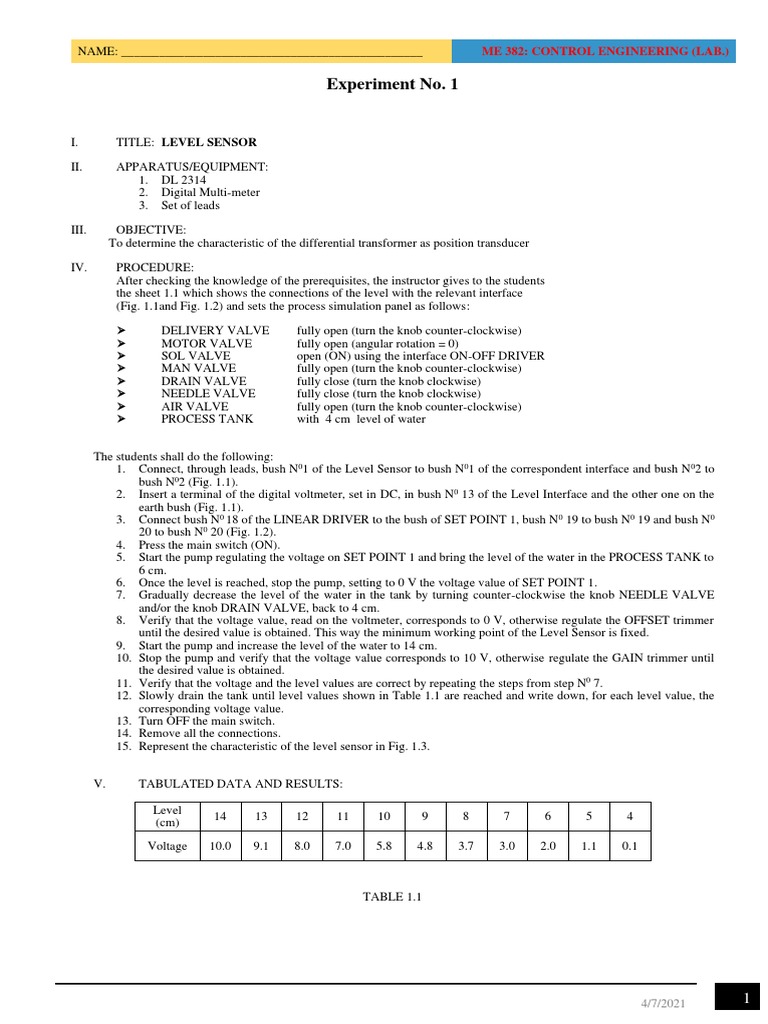 Level Sensor Experiment in Control Engineering | PDF | Electricity ...