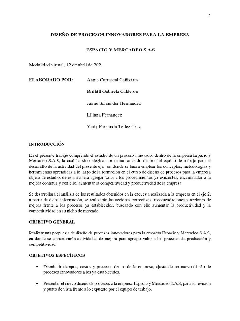 Diseño de Procesos Innovadores en Espacio y Mercadeo S.A.S | PDF ...