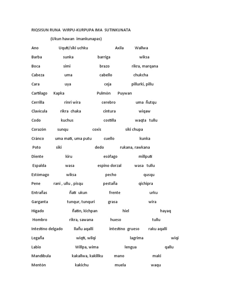 Partes Del Cuerpo Humano Quechua Chanka | PDF | Anatomía | Anatomía humana