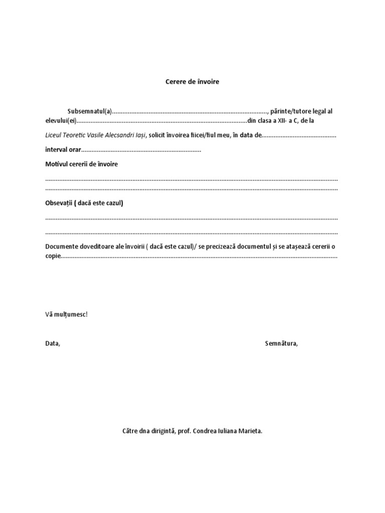 Cerere de Învoire | PDF