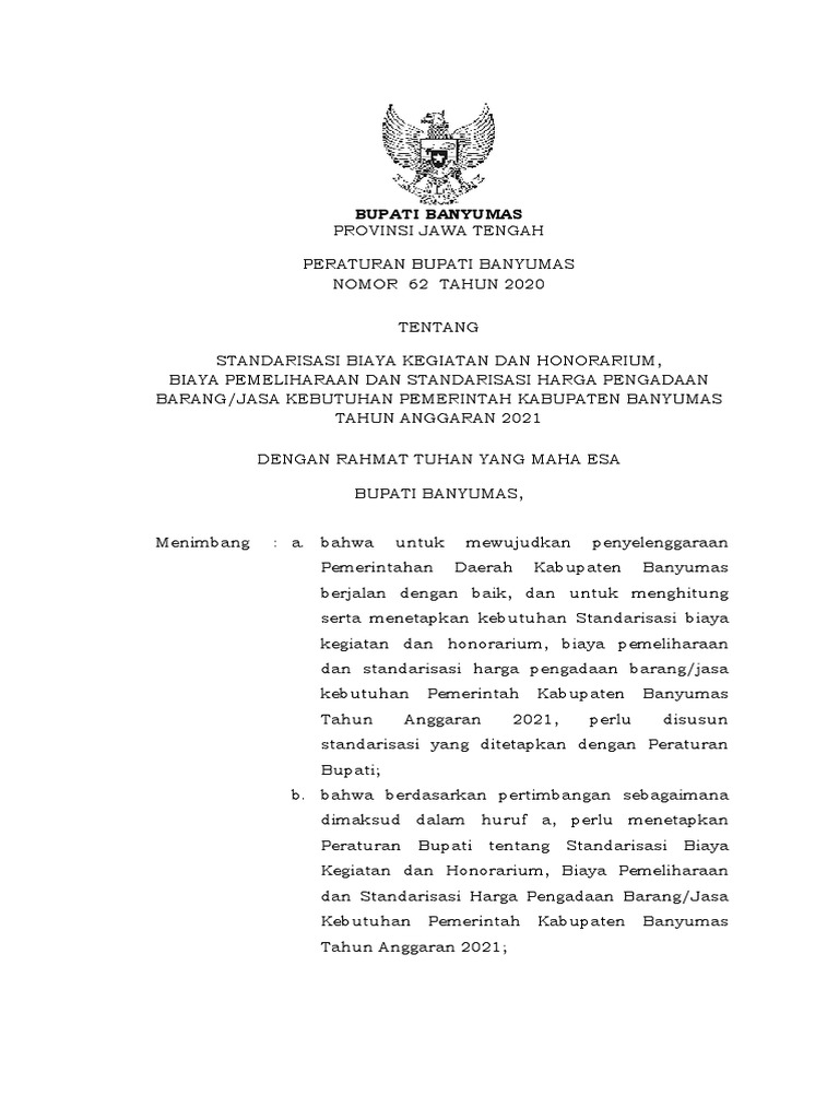 Perbup 62 Tahun 2020 Tentang SSH Tahun 2021 | PDF | Pengelolaan ...