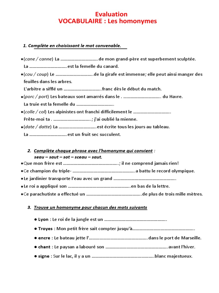 Exercice Homonyme Cm2 Avec Correction Evaluation Les Homonymes | PDF