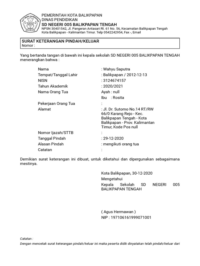 SD Negeri 005 Balikpapan Tengah: Nomor | PDF