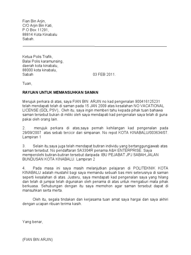 Contoh Surat Rayuan Saman Trafik Contoh Surat