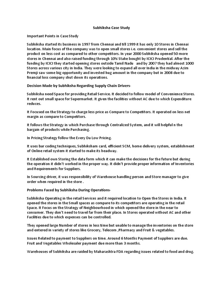 Subhiksha Retail Case Study Analysis | PDF | Supply Chain | Retail