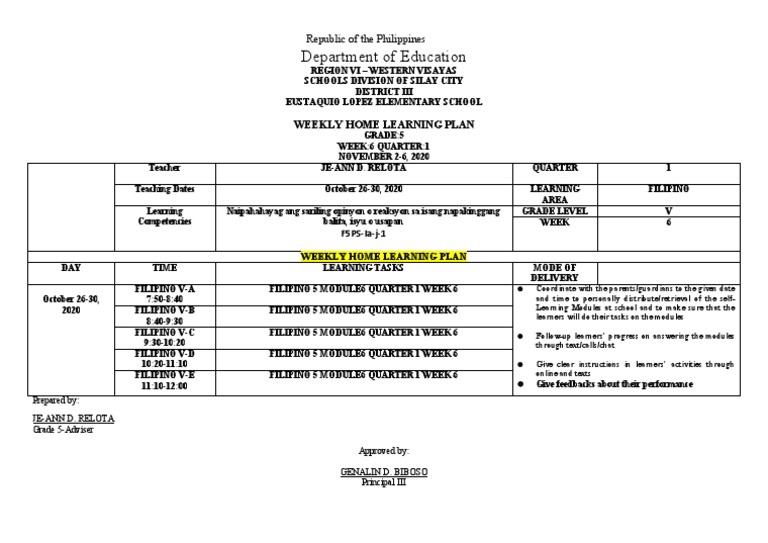 Grade 5 Weekly Learning Plan: Filipino | PDF | Educational Psychology ...