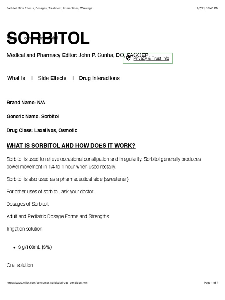 Sorbitol Side Effects, Dosages and Warnings PDF Adverse Effect Nausea