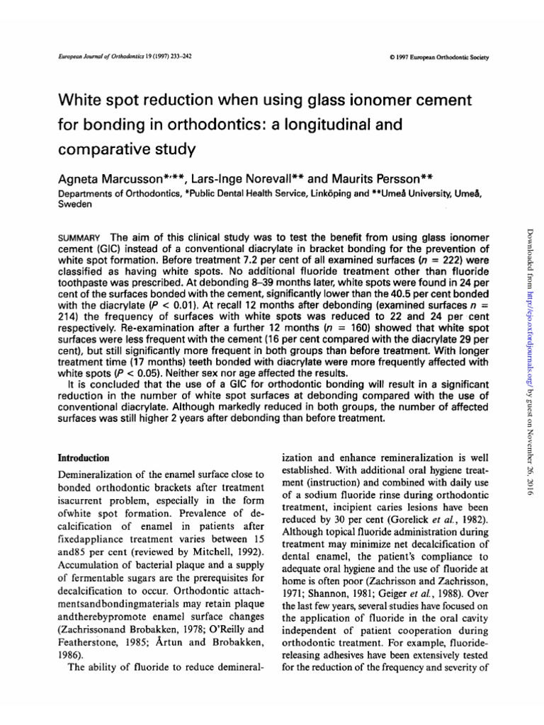 White Spot Reduction When Using Glass Ionomer Cement For Bonding in