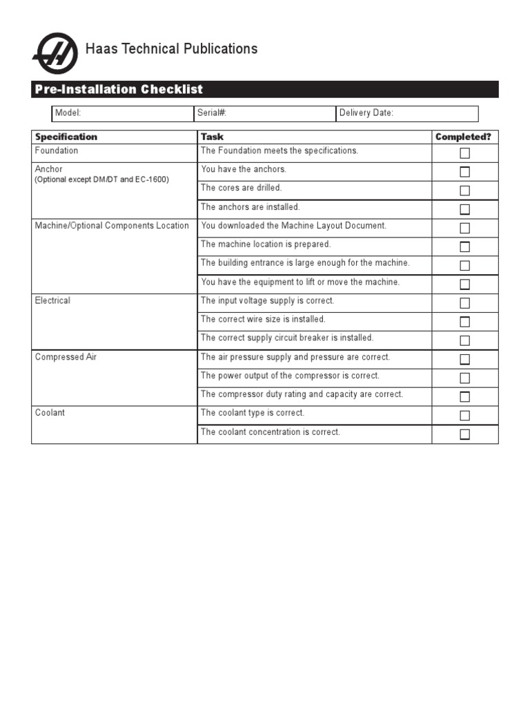 Haas Technical Publications PreInstallation Checklist PDF