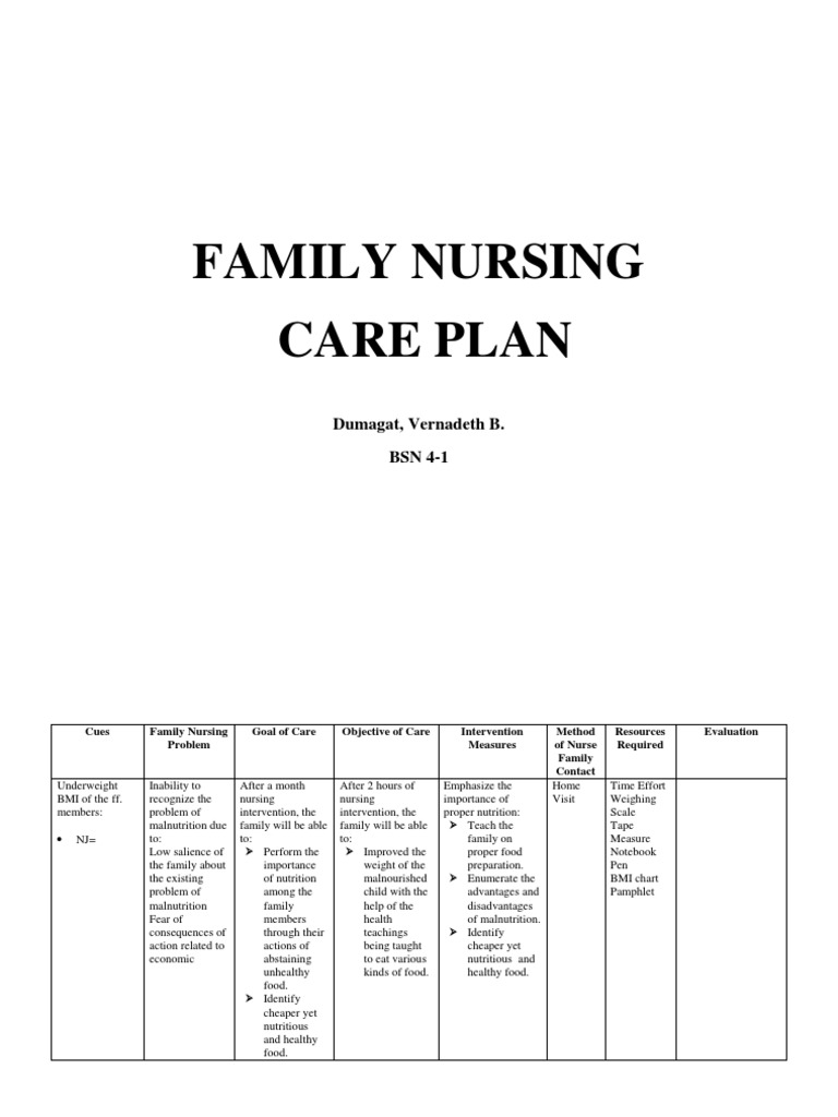 Family Nursing Care Plan Sample | PDF | Malnutrition | Nursing