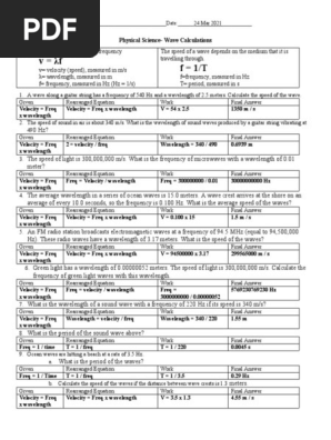 Wave Calculations Worksheet | PDF | Frequency | Wavelength