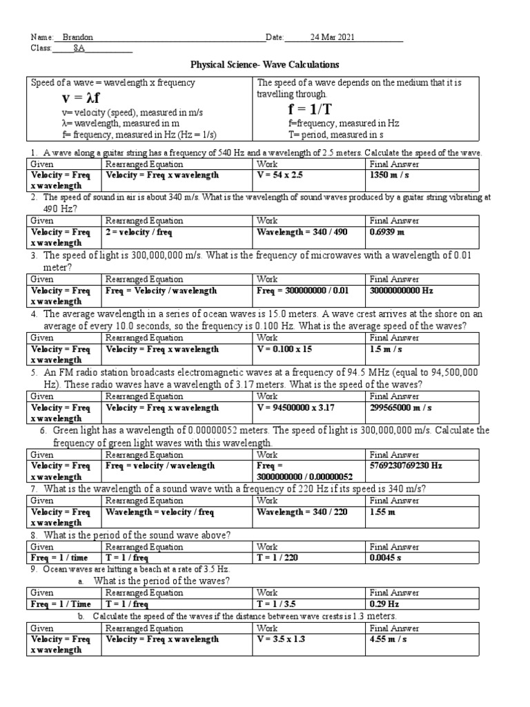 Wave Calculations Worksheet | PDF | Frequency | Wavelength