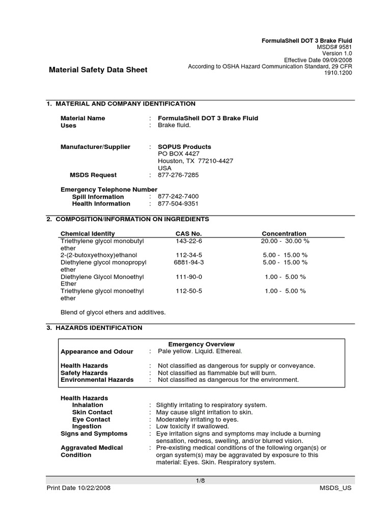 Brake Fluid MSDS PDF Personal Protective Equipment Toxicity