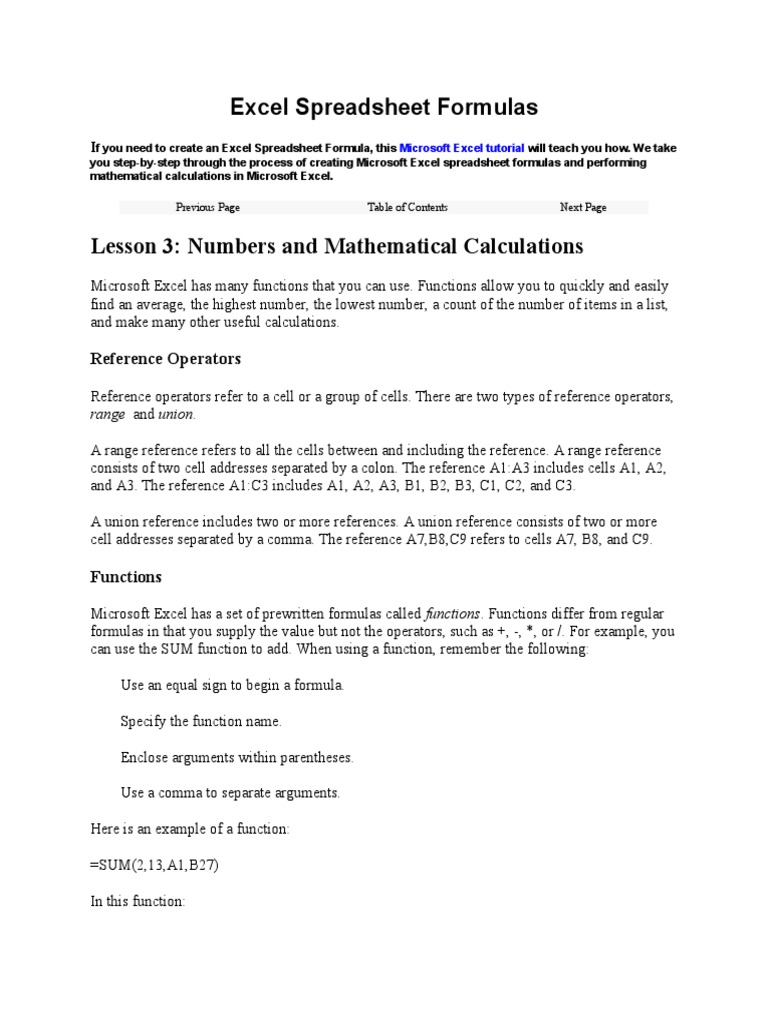 Excel Spreadsheet Formulas Reference Operators PDF Spreadsheet