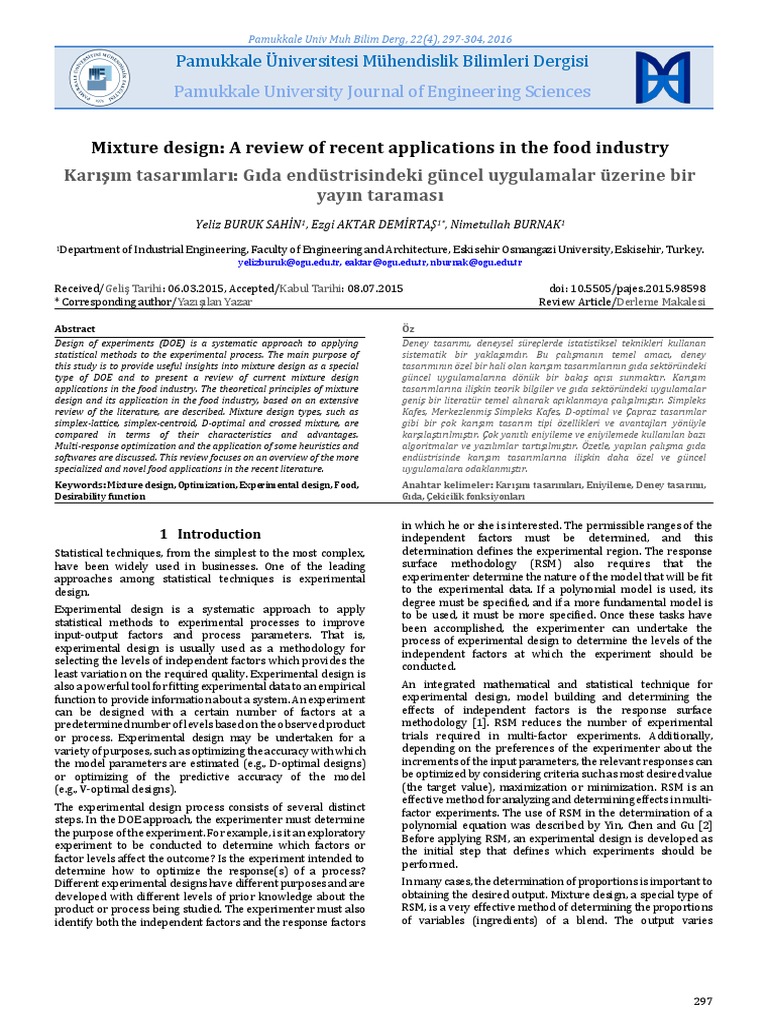 Mixture Design: A Review of Recent Applications in The Food Industry | PDF